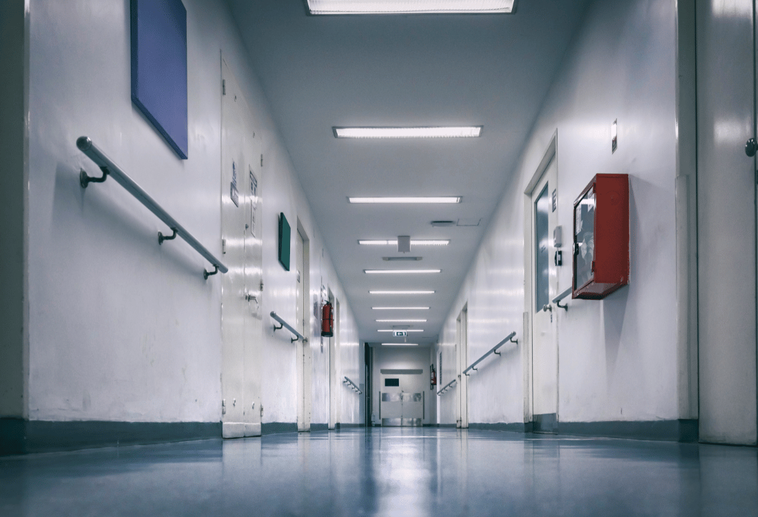 Empty hall corridor inside an NHS hospital awaiting cadaver bags from their body bag manufacturers.