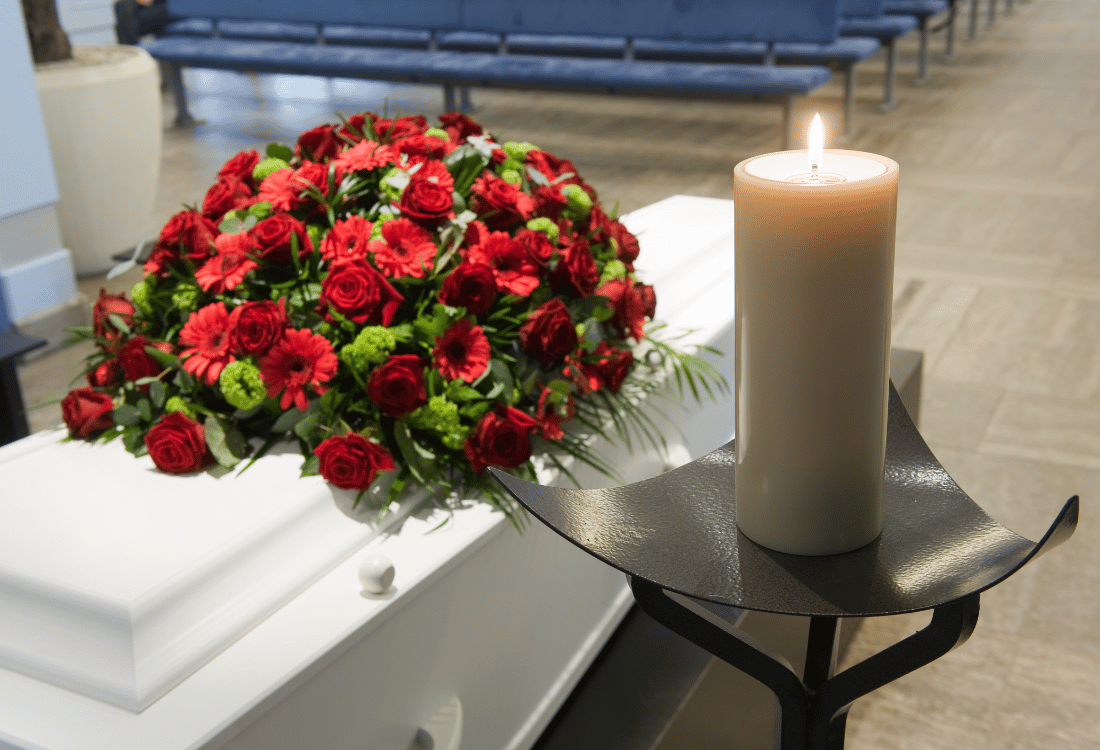 Coffin in a church preparing for an increase in excess deaths over easter, spring, and summer.